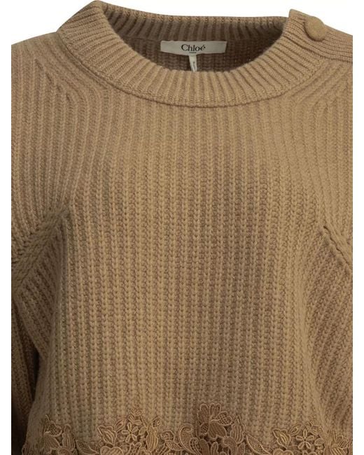 Chloé Natural Cashmere Wool Ribbed Cropped Lace-Trim Sweater