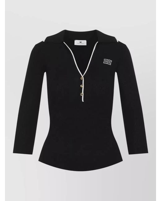 Elisabetta Franchi Black Knit Polo Top Deep V-Neckline