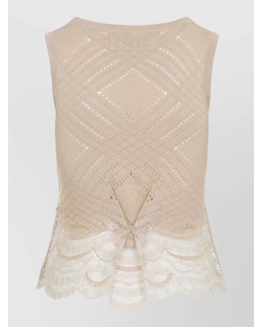 Ermanno Scervino Natural Sleeveless Knit Top Lace Inserts