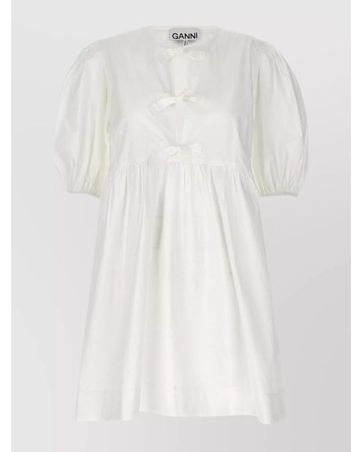 Ganni White Organic Cotton Bow-Detail Mini Dress