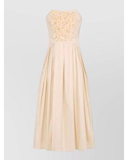 Elisabetta Franchi Natural Embroidered Sleeveless Sweetheart Neck Pleated Midi Dress