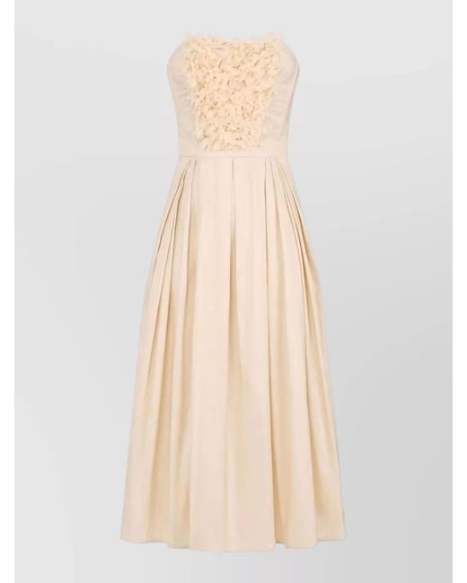 Elisabetta Franchi Natural Strapless Floral Midi Dress Pleated Skirt