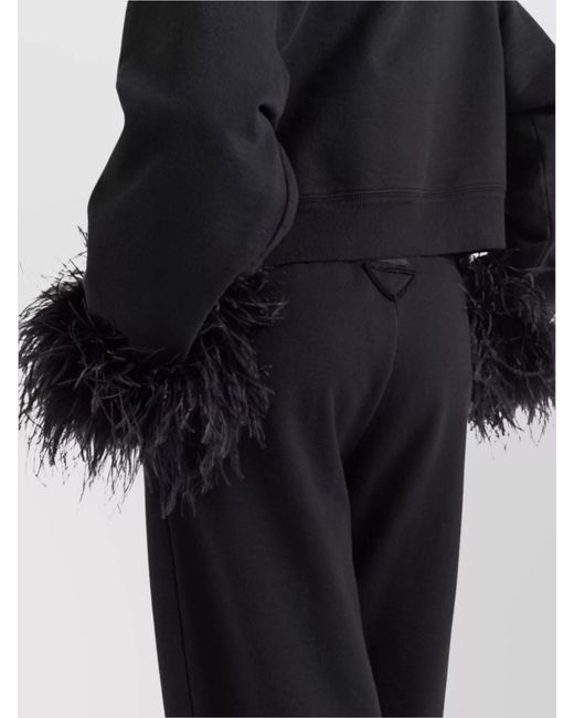 Prada Black Feather Trim High-Rise Wide-Leg Trousers