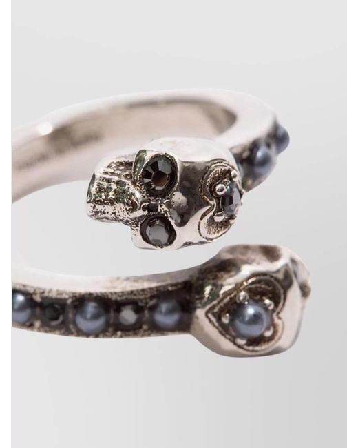 McQueen White Wrap-Around Skull Ring Adorned Gemstone Embellishments