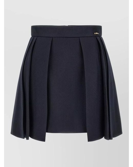 Elisabetta Franchi Blue High Waist Flared Wool Skirt Pleated