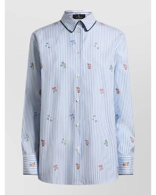 Etro Blue Shirt Floral Embroidered Striped Design