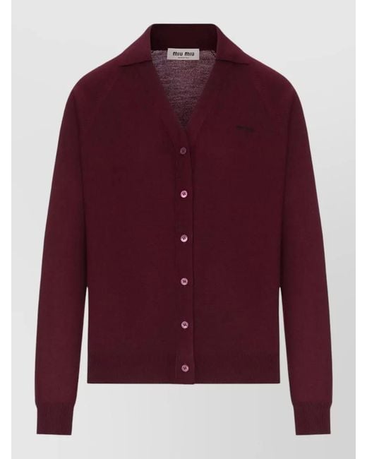 Miu Miu Red Wool Cardigan Polo Collar Straight Fit