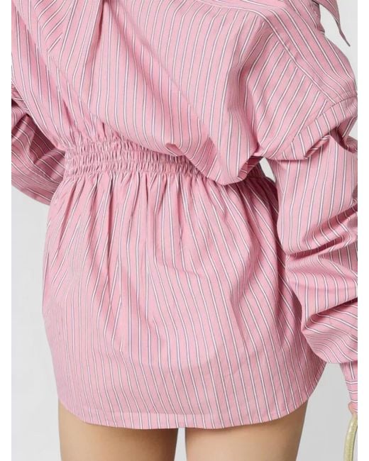 Miu Miu Pink Striped Cotton Off-Shoulder Shirt Mini Dress