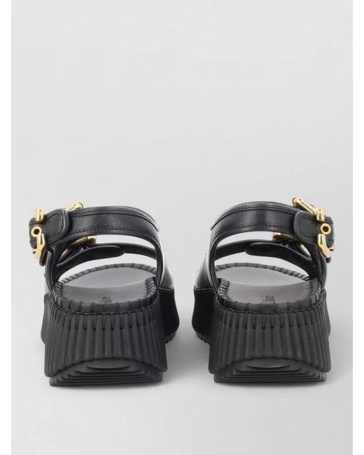 Chloé Black Leather Wedge Sandals