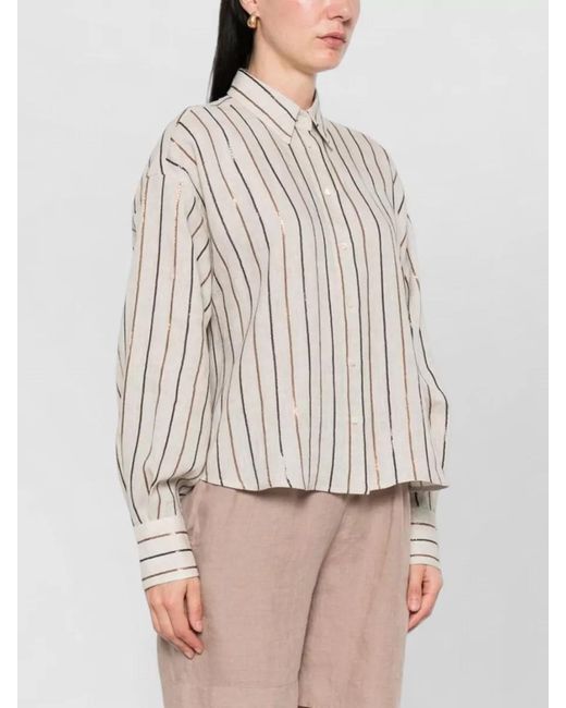 Brunello Cucinelli Natural Linen Shirt Long Sleeves Striped Pointed Collar