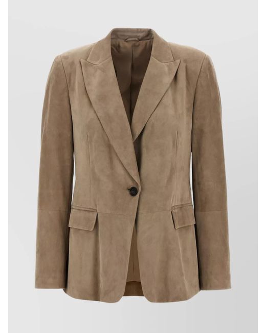 Brunello Cucinelli Natural Suede Blazer With Flap Pockets And Notch Lapel