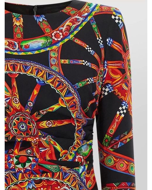 Dolce & Gabbana Red Carretto Dress Floral Geometric Long Sleeve Belt