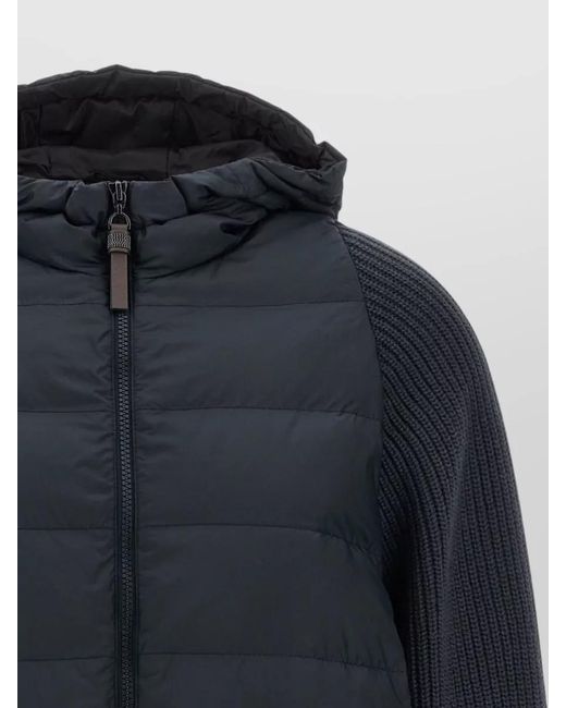 Brunello Cucinelli Blue Hooded Down Jacket Knit Sleeves