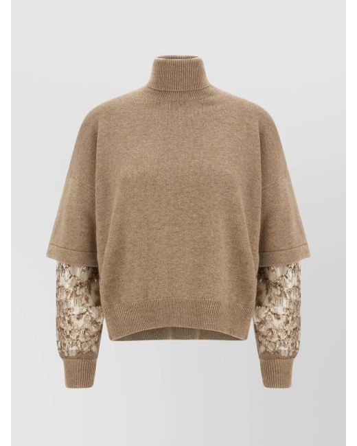 Brunello Cucinelli Natural Turtleneck Sweater With Sequin Sleeve Embellishments