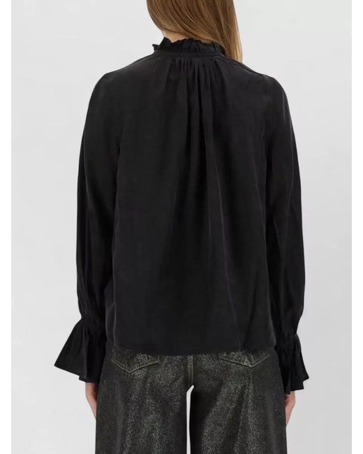 Ganni Black Cupro Viscose Shirt Button Detail Ruffle Collar