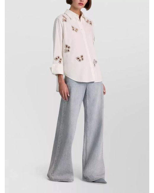 Alice + Olivia Natural Relaxed Fit Shirt Crystal Butterfly Cutouts