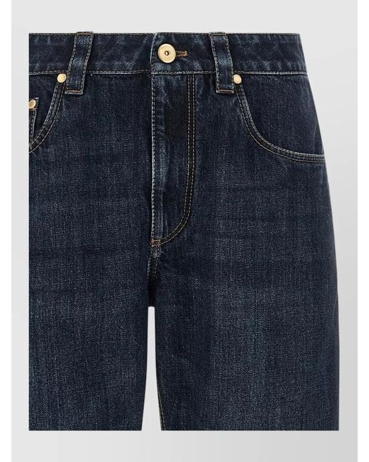 Brunello Cucinelli Blue Shiny Stitching Mid Waist Straight Leg Jeans
