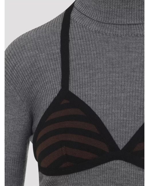 Moschino Gray Virgin Wool Ribbed Turtleneck Knitted Top