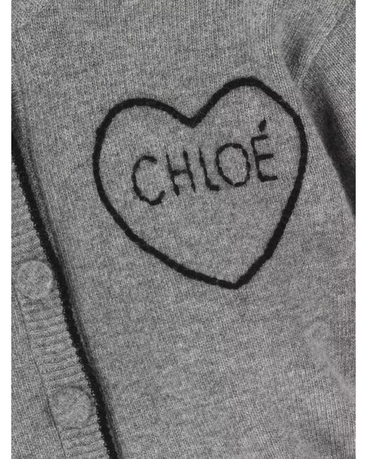 Chloé Gray Cashmere Wool Fitted Logo Cardigan