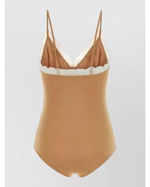 Chloé Natural Stretch Nylon Lace Bodysuit V Neckline