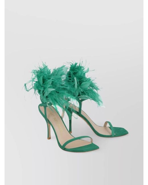 Stuart Weitzman Green Feather-Embellished Leather Sandals