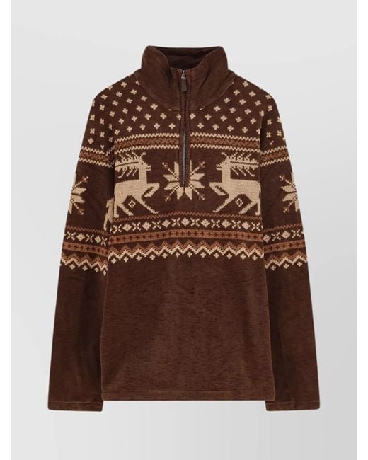 Polo Ralph Lauren Brown High Collar Reindeer Pattern Fleece Sweater for men