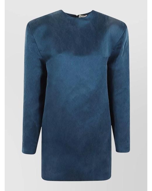 Saint Laurent Blue Silk Long-Sleeve Mini Dress