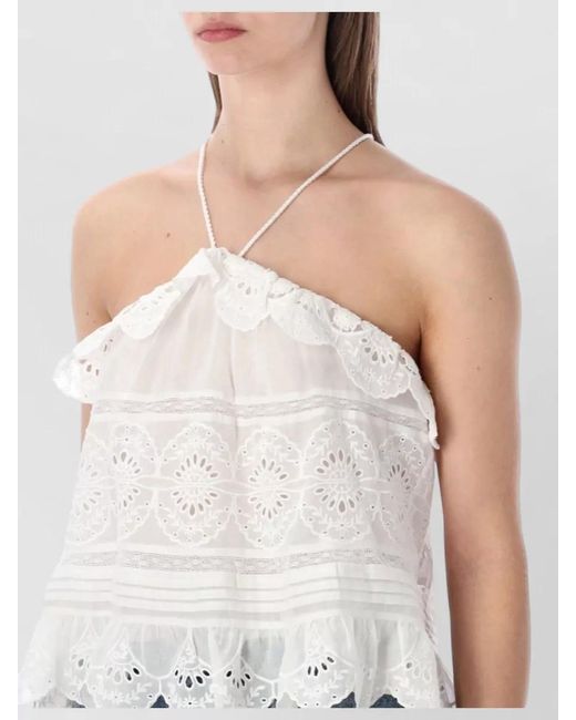 Isabel Marant Blue Cotton Floral-Lace Halterneck Frilled Blouse