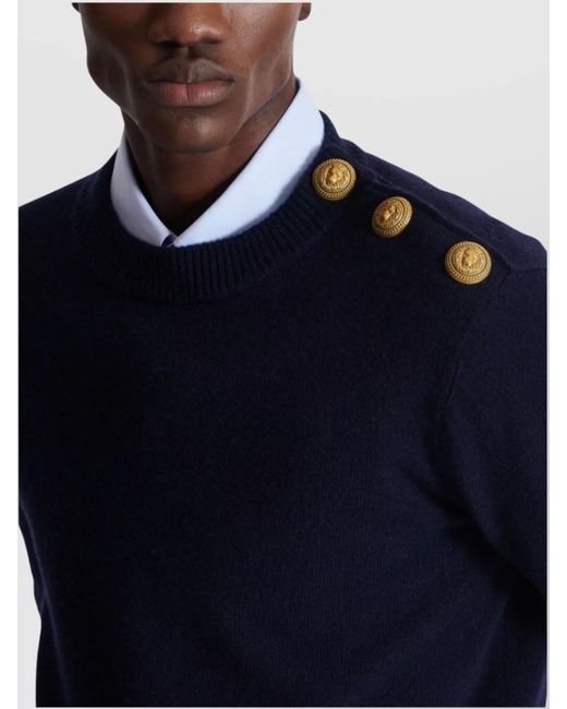 Balmain Blue Cashmere Virgin Wool Crewneck Sweater for men