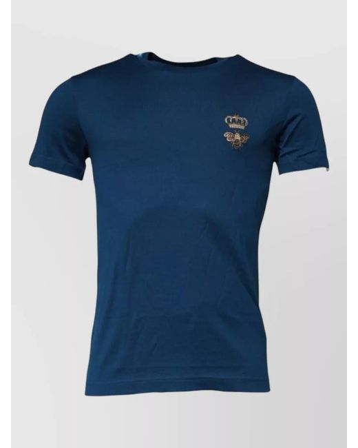 Dolce & Gabbana Blue Cotton Embroidered Short-Sleeve Crew-Neck T-Shirt for men