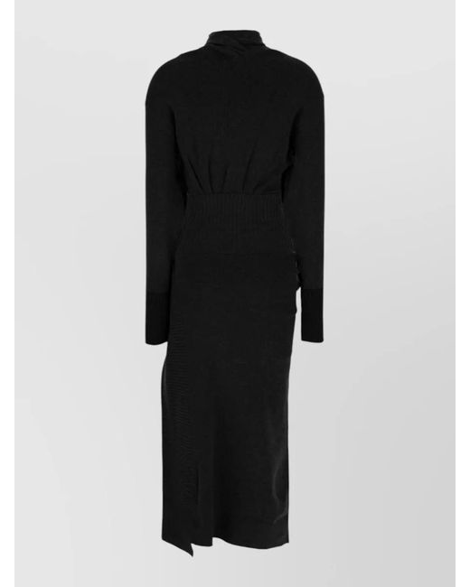 Lanvin Black Stretch Wool Blend Ribbed Turtleneck Midi Dress