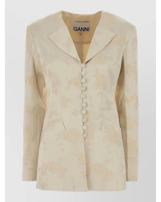 Ganni Natural Satin Blazer Tailored Front Pockets Long Sleeves