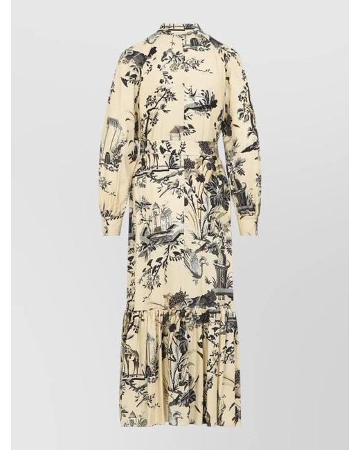Etro Natural Floral Midi Dress Belted Waist Pleated Hem