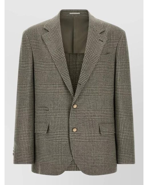 Brunello Cucinelli Green Prince Wales Single Breasted Wool Cashmere Blazer for men