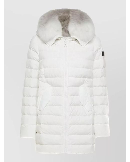 Peuterey White Long Jacket Front Pockets Fur Hood Quilting