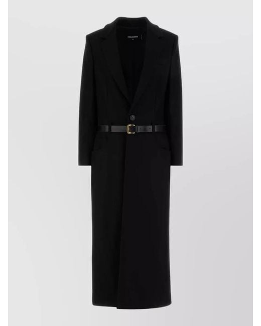 DSquared² Black Stretch Wool Blend Tailored Coat Belted