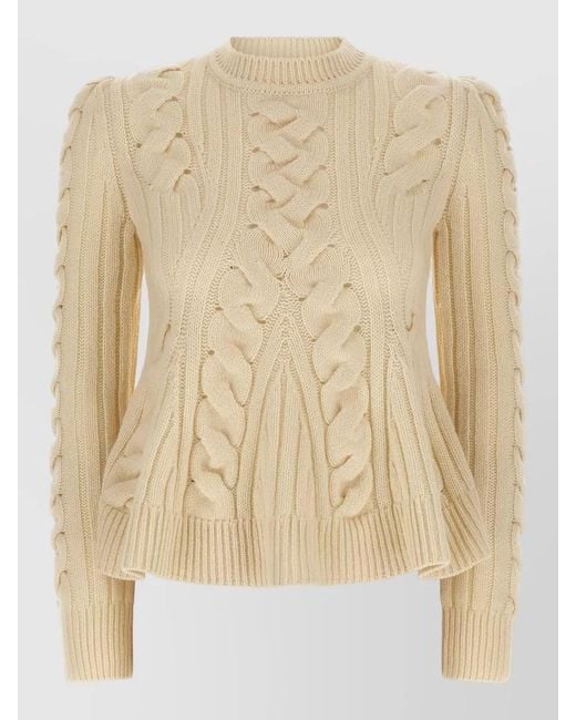 McQueen Natural Peplum Cable Knit Crew Neck Sweater