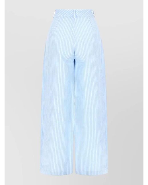120% Lino Blue Linen High Waist Striped Tailored Trousers