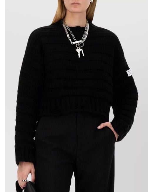 MM6 by Maison Margiela Black Cropped Chunky Knit Sweater With Crew Neck