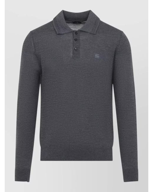 Etro Gray Fuji Long Sleeve Knitted Polo Shirt for men