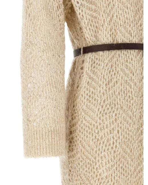 Brunello Cucinelli Natural Leaf Motif Knit Midi Dress Belted