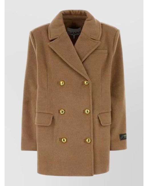 Ganni Brown Wool Blend Coat Double Breasted Buttons