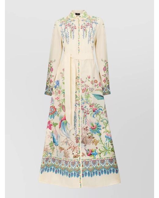 Etro White Long Cotton Dress Floral Print Embroidery