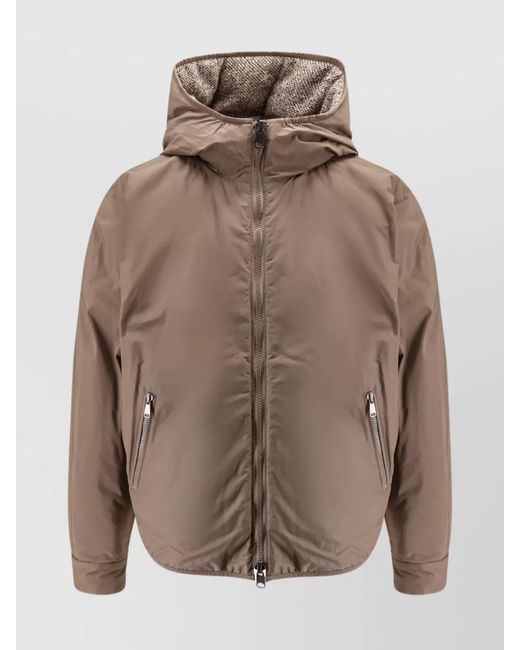 Brunello Cucinelli Gray Wool And Silk Chevron Quilted Reversible Hooded Puffer Jacket
