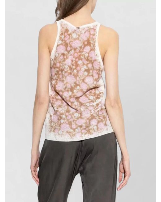 DIESEL Pink Floral Ribbed Knit Sleeveless V Neck Top