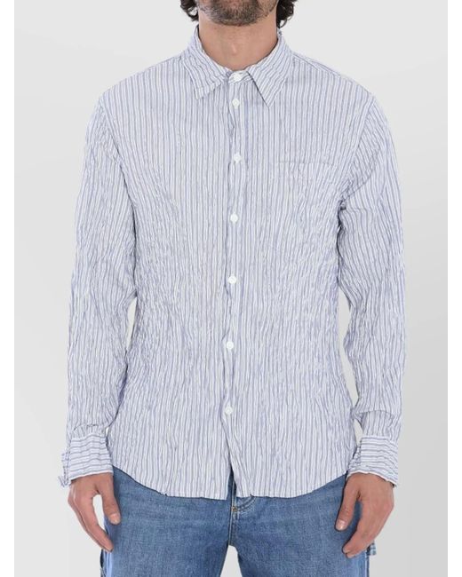 Bottega Veneta Blue Crinkled Cotton Striped Shirt for men