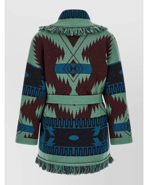 Alanui Green Cashmere Fringed Belted Oversized Cardigan