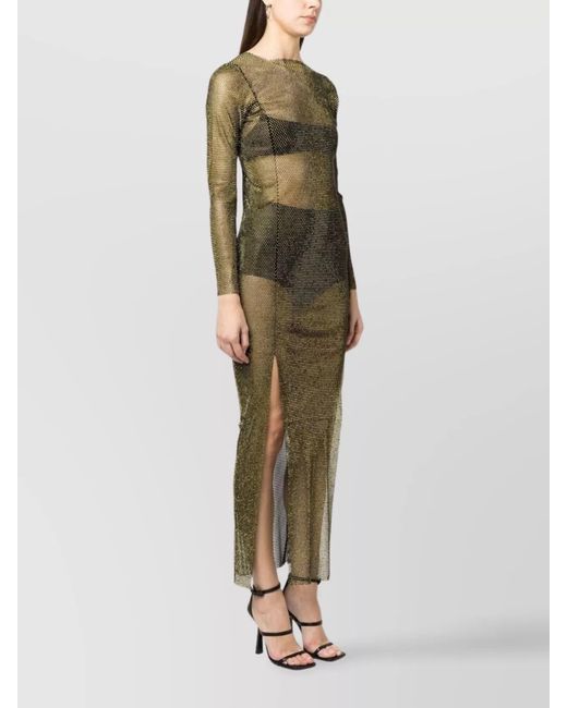 Santa Brands Gray Rhinestone Embellished Mesh Maxi Dress