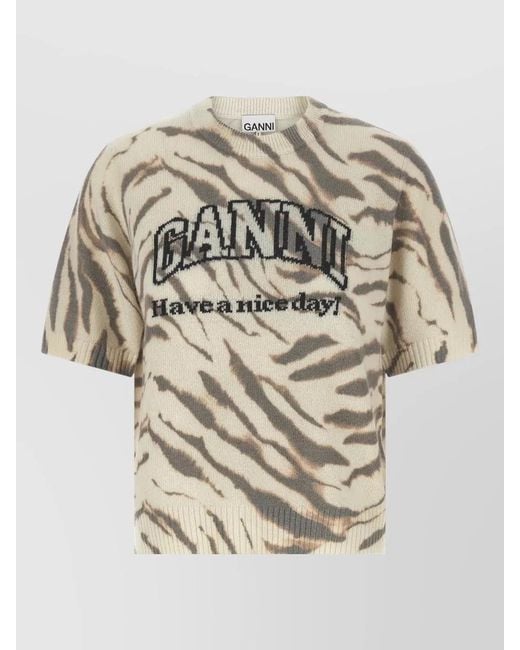 Ganni White Logo Crew Neck Graphic Knit Top