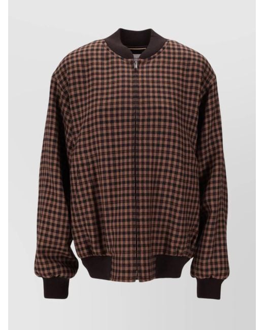Saint Laurent Brown Checked Pattern Loose Zip Jacket